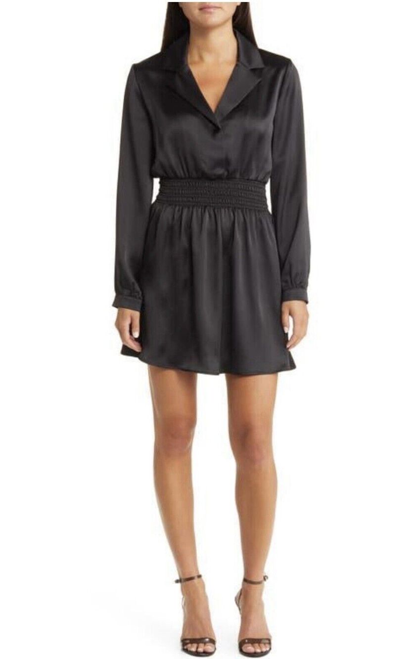 Black Long-Sleeve Satin Shirred-Waist Mini Dress